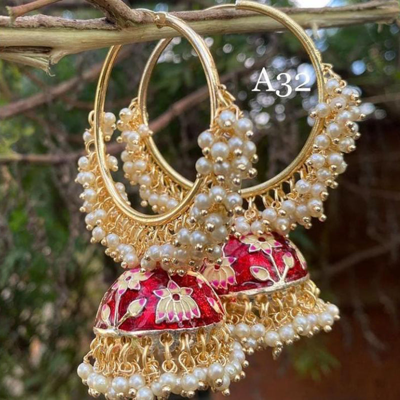 Gehana Mahal Gold Plated Meenakari And Pearl Jhumki Earrings