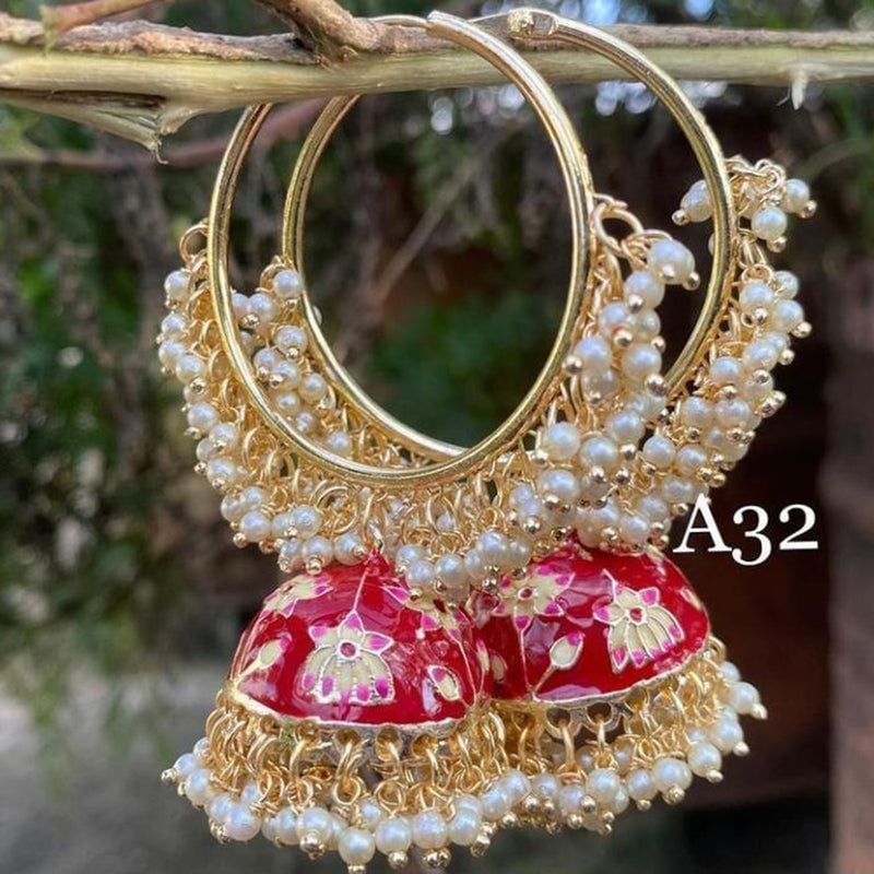 Gehana Mahal Gold Plated Meenakari And Pearl Jhumki Earrings