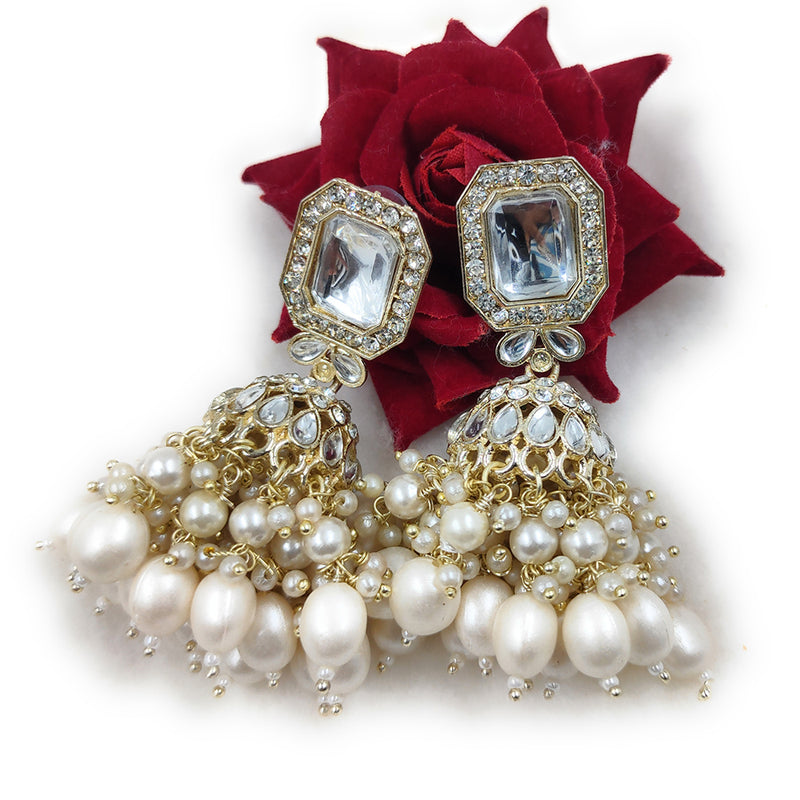 Gehana Mahal Gold Crystal Stone And Beads Jhumki Earrings