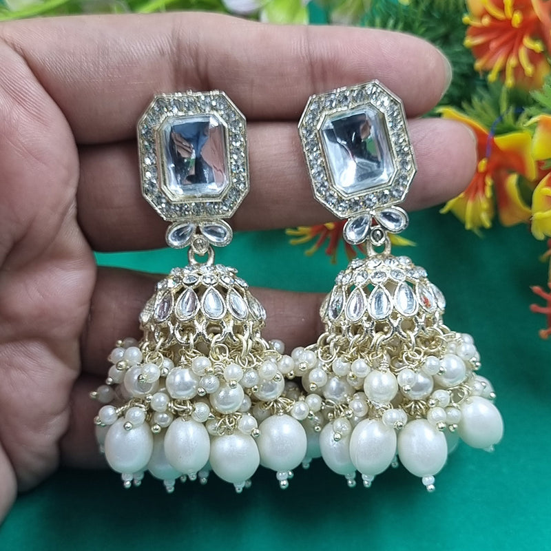 Gehana Mahal Gold Crystal Stone And Beads Jhumki Earrings