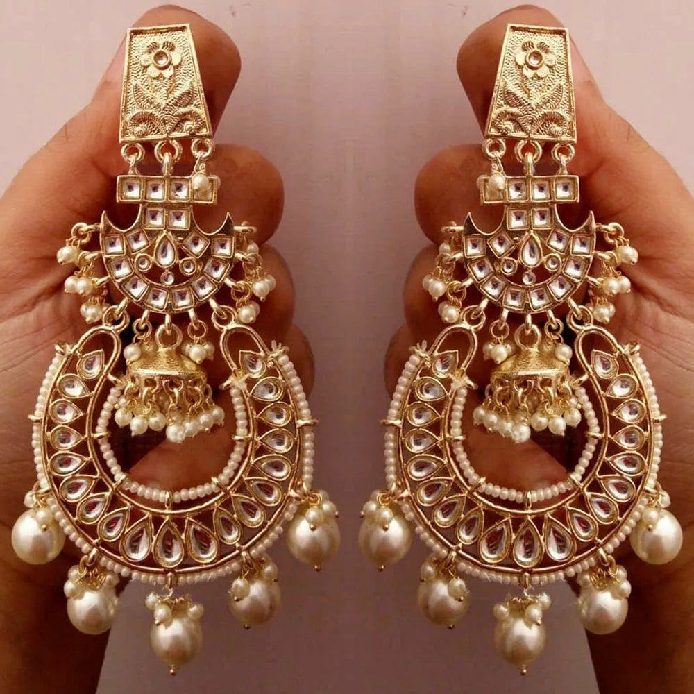 Gehana Mahal Gold Plated Kundan And Pearl Dangler Earrings