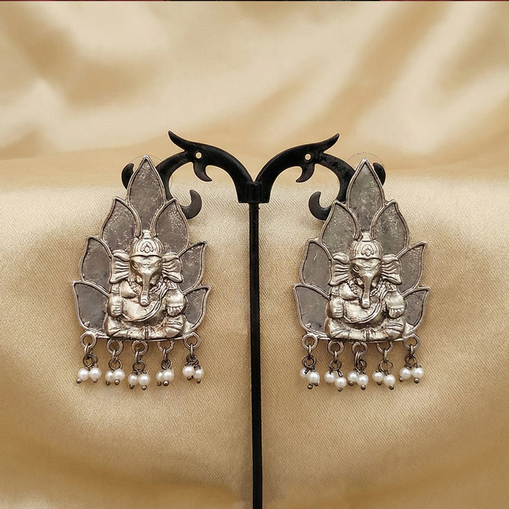 Js Fashion  Leaf Design Ganesha Clustered Pearl Oxidised Jewellery Fancy Style Oxidised Long Earring