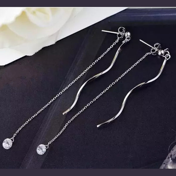 Salty Silver Simple Wave Tassel Zircon Line Threader Earrings - Tassel Earring