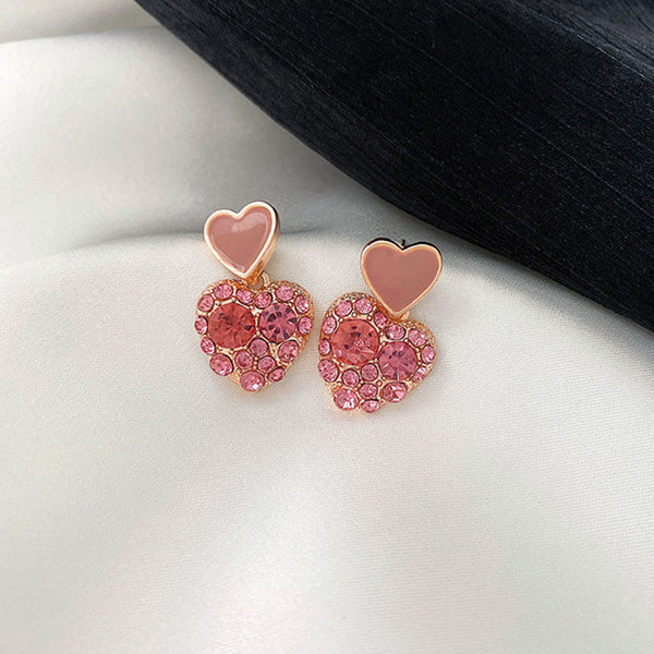 Salty Pink Double Heart Studded Drop In Trend Studs - Drops & Danglers