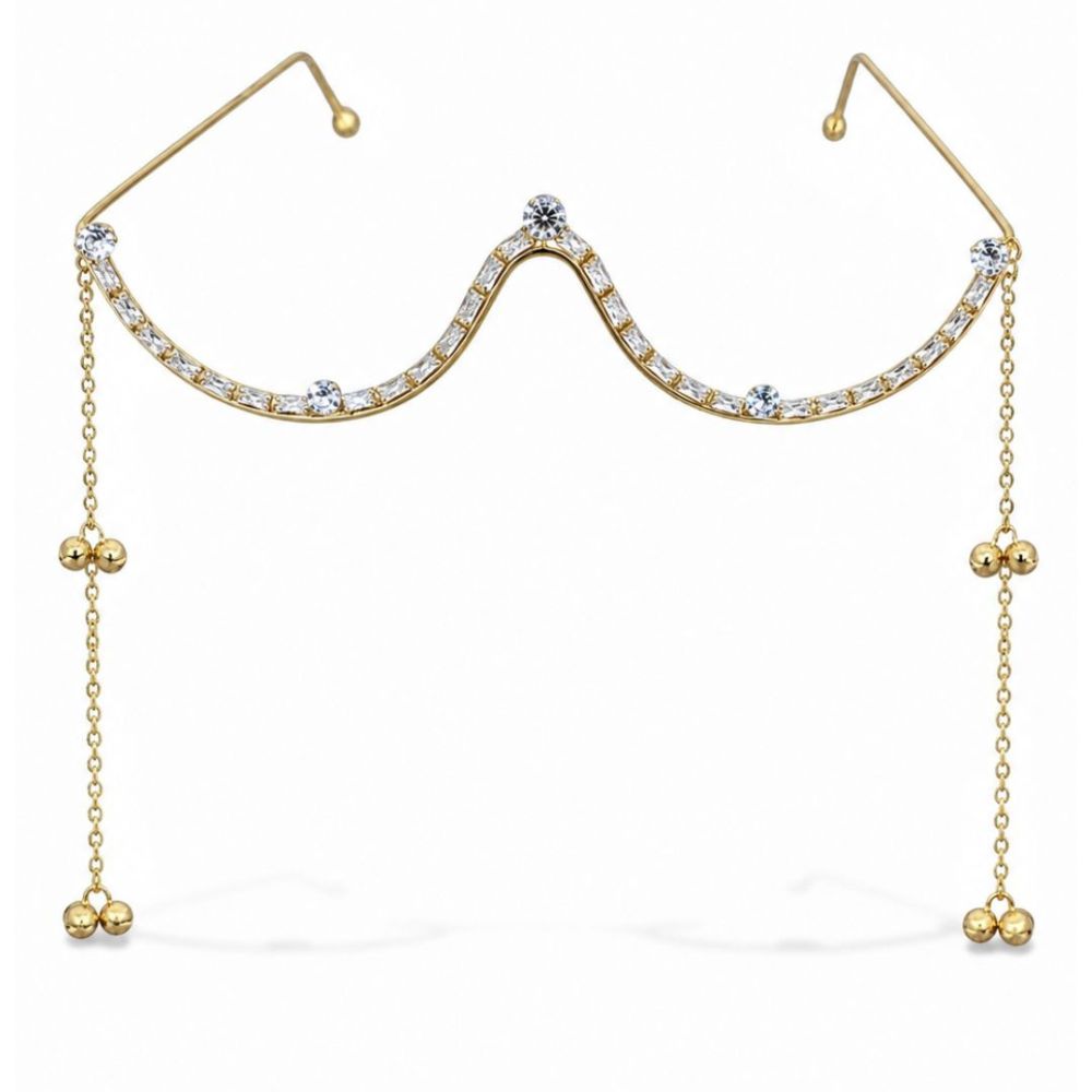EtnicoFashion Gold Plated American Diamond Facelet Rimless Lensless Glasses Eyewear with Decorative Chains and Ghungroo Statement Party Accessory for Women & Girls (F004)