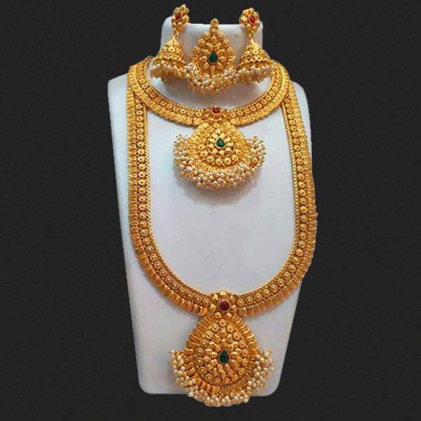 Darshana Jewels Pota Stone Double Necklace Set With Maang Tikka