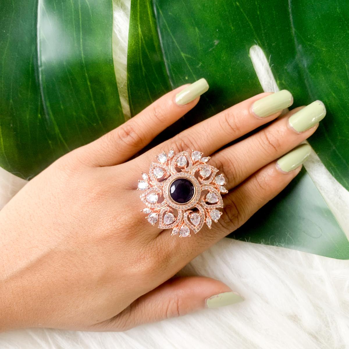 Etnico Rose Gold Plated Special Stylish Latest Fashionable Design Floral CZ American Diamond Adjustable Finger Rings For Women & Girls (FL241) (Blue)