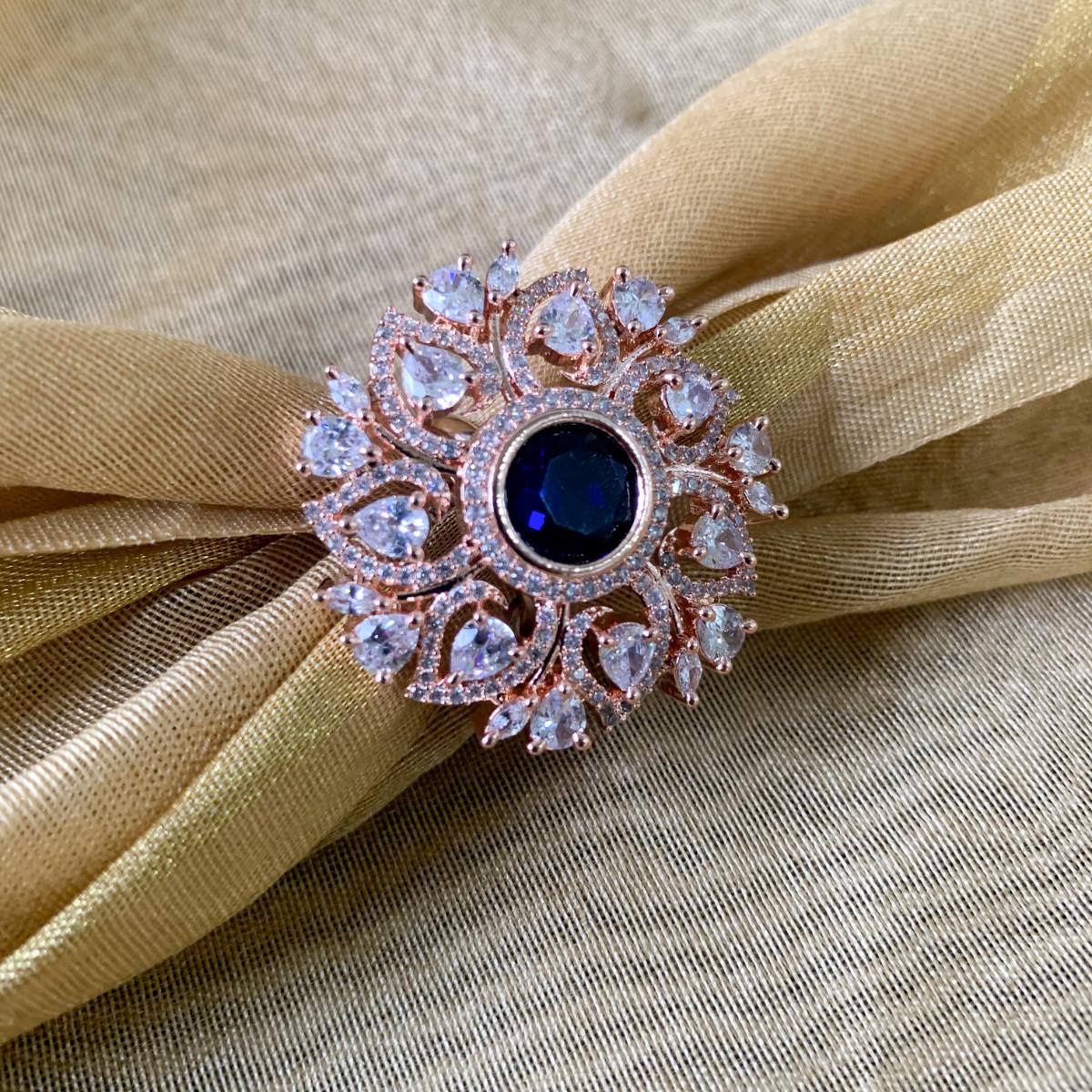 Etnico Rose Gold Plated Special Stylish Latest Fashionable Design Floral CZ American Diamond Adjustable Finger Rings For Women & Girls (FL241) (Blue)
