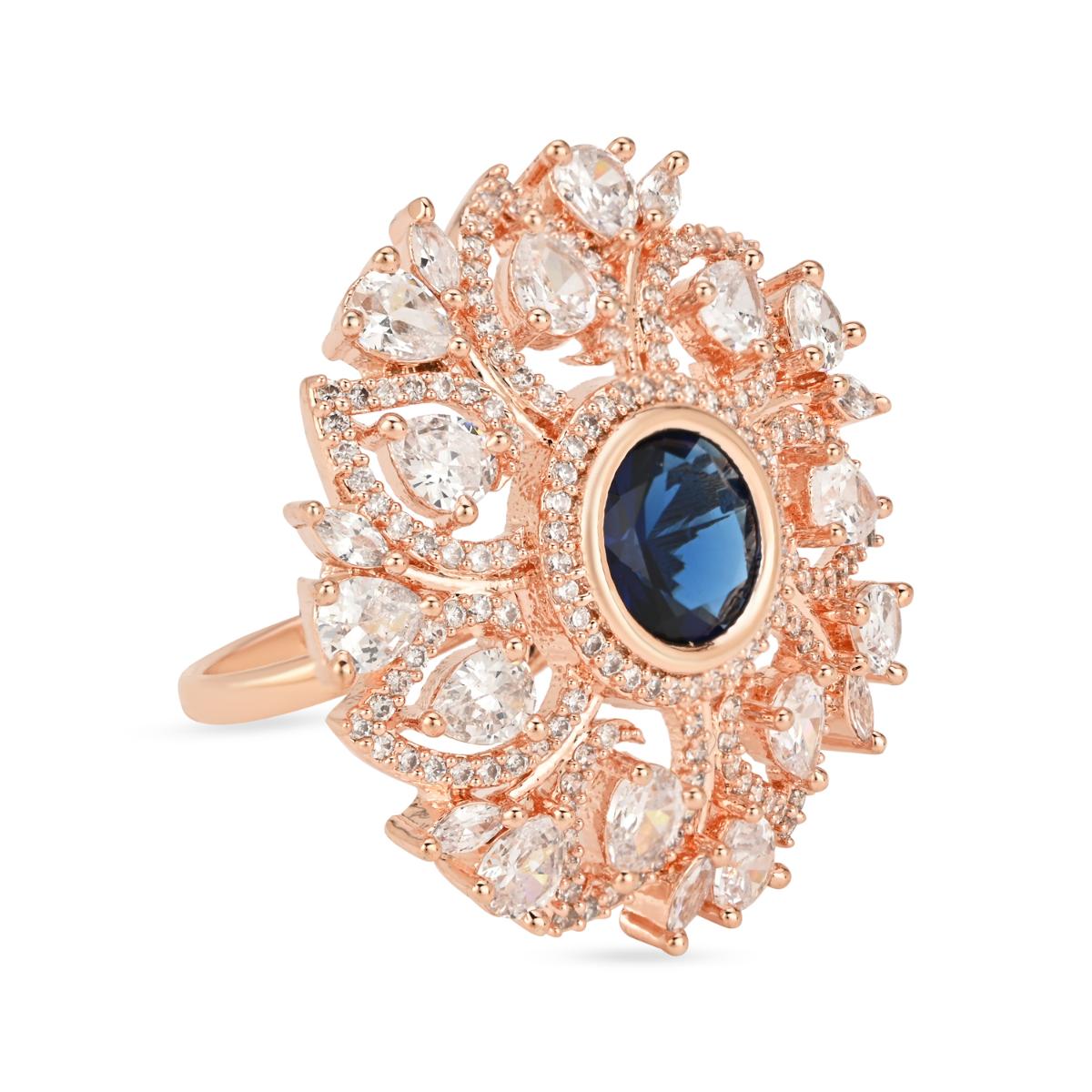 Etnico Rose Gold Plated Special Stylish Latest Fashionable Design Floral CZ American Diamond Adjustable Finger Rings For Women & Girls (FL241) (Blue)