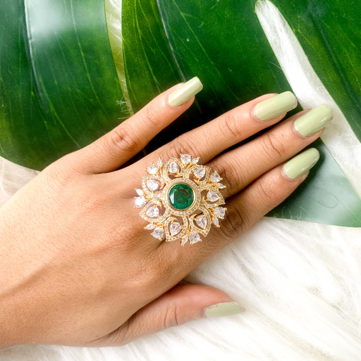 Etnico Gold Plated Special Stylish Latest Fashionable Design Floral CZ American Diamond Adjustable Finger Rings For Women & Girls (FL241G)