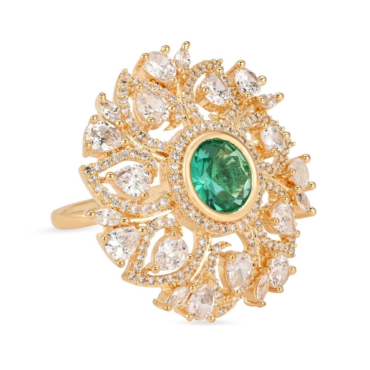 Etnico Gold Plated Special Stylish Latest Fashionable Design Floral CZ American Diamond Adjustable Finger Rings For Women & Girls (FL241G)