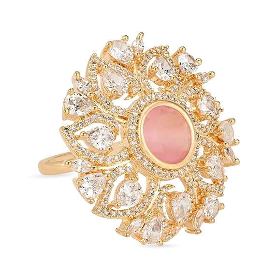 Etnico Rose Gold Plated Special Stylish Latest Fashionable Design Floral CZ American Diamond Adjustable Finger Rings For Women & Girls (FL241) (Pink)