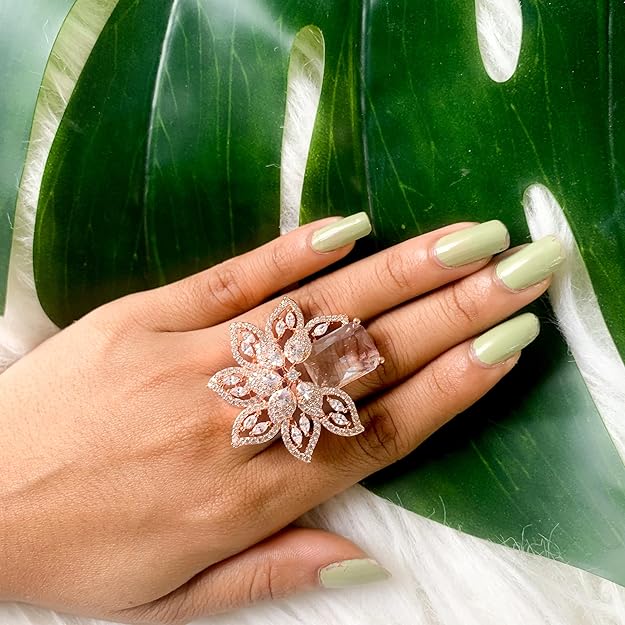 Etnico Rose Gold Plated Special Stylish Latest Fashionable Design Floral CZ American Diamond Adjustable Finger Rings For Women & Girls (FL242W)