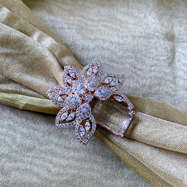 Etnico Rose Gold Plated Special Stylish Latest Fashionable Design Floral CZ American Diamond Adjustable Finger Rings For Women & Girls (FL242W)
