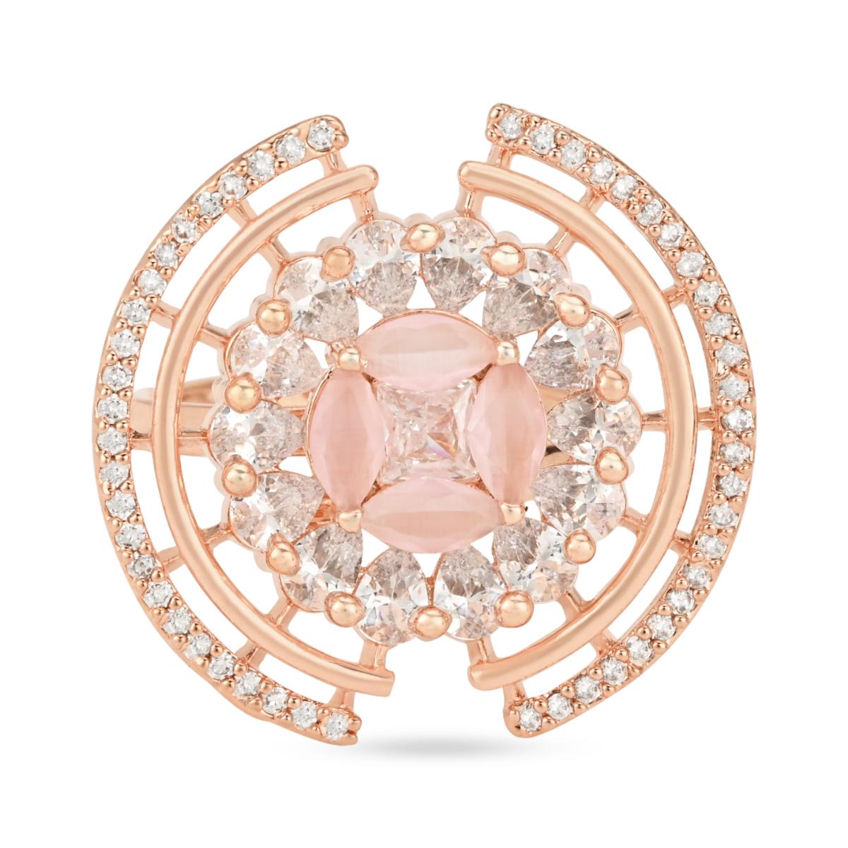 Etnico Rose Gold Plated Pink CZ American Diamond Round Princess Cut Adjustable Finger Rings For Women (Pink)