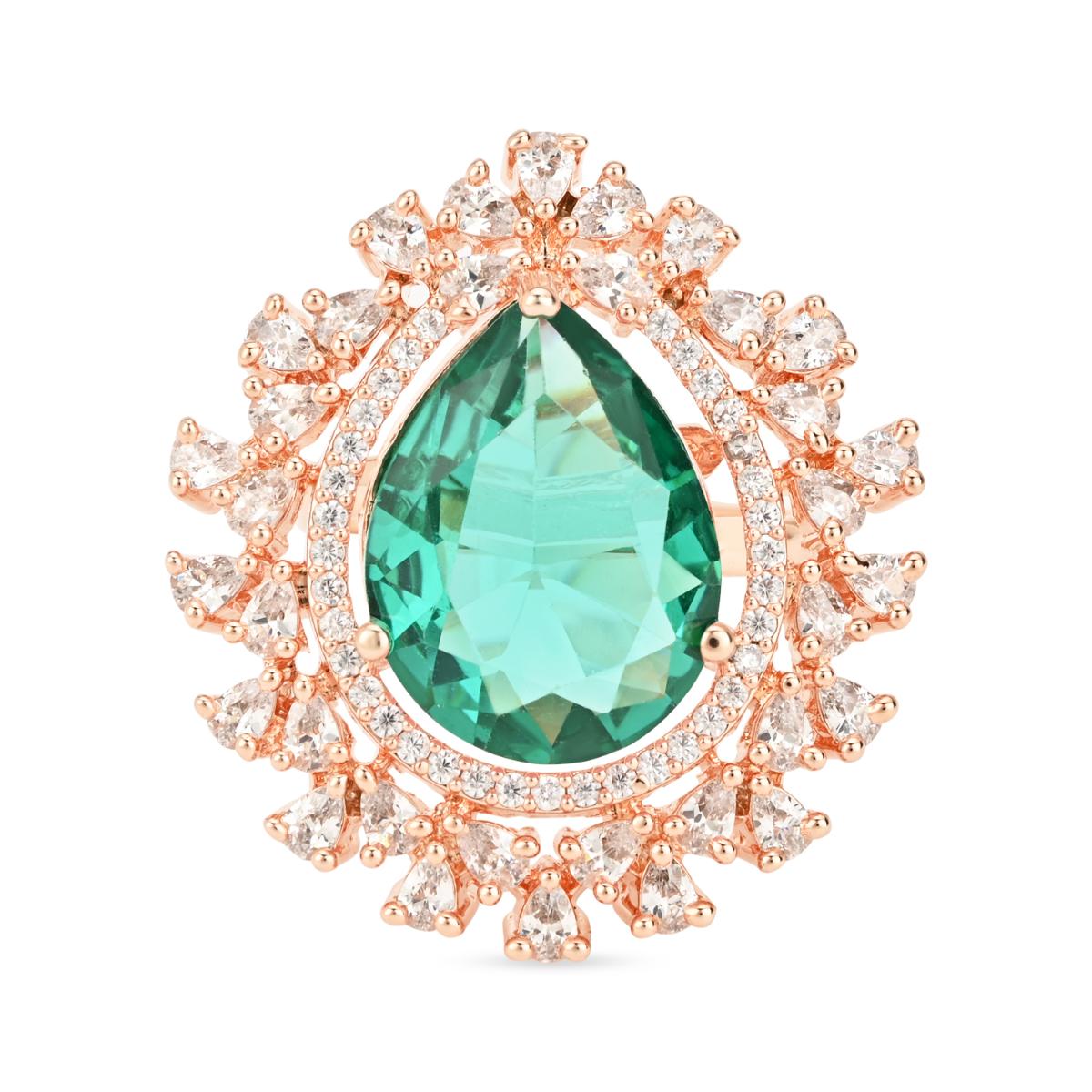 Etnico Rose Gold Plated Classic Teardrop Pear Shaped CZ American Diamonds Adjustable Comfort Fit Big Band Finger Rings For Women (Green)