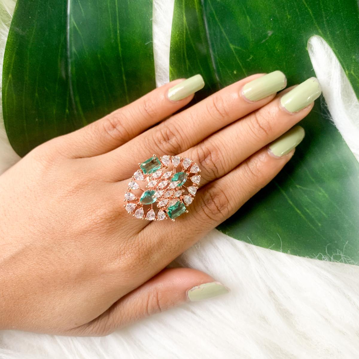 Etnico Rose Gold Plated Special Dazzling Cubic Zirconia Party Bling Statement Adjustable Brass Finger Ring For Women Girls (FL245G)