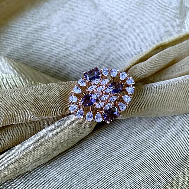 Etnico Special Stylish Latest American Diamond Cubic Zirconia Statement Adjustable Brass Finger Ring For Women/Girls (FL245) (Purple)