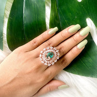 Etnico Womens Rose Gold Plated Special CZ American Diamond Stylish Floral Shape Dazzling Adjustable Brass Finger Ring (Green)