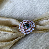 Etnico Womens Rose Gold Plated Special CZ American Diamond Stylish Floral Shape Dazzling Adjustable Brass Finger Ring (Green)
