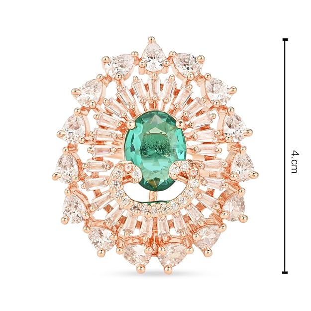Etnico Womens Rose Gold Plated Special CZ American Diamond Stylish Floral Shape Dazzling Adjustable Brass Finger Ring (Green)