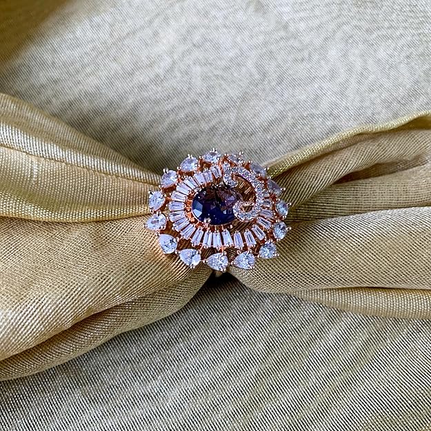 Etnico Womens Rose Gold Plated Special CZ American Diamond Stylish Floral Shape Dazzling Adjustable Brass Finger Ring (Purple)