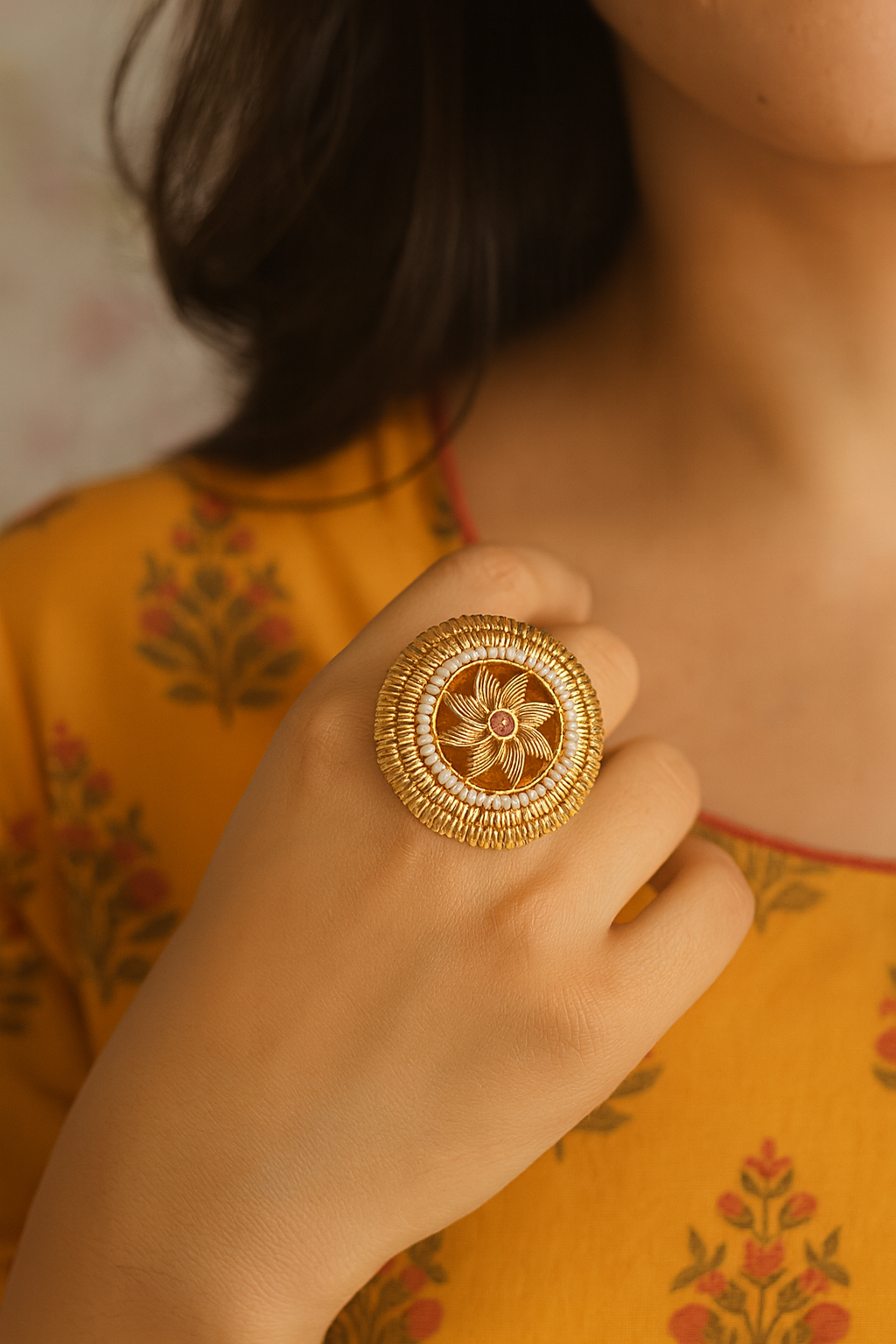 Etnico Gold Plated Traditional Floral Design Comfort Fit Finger Ring For Women (FL268)