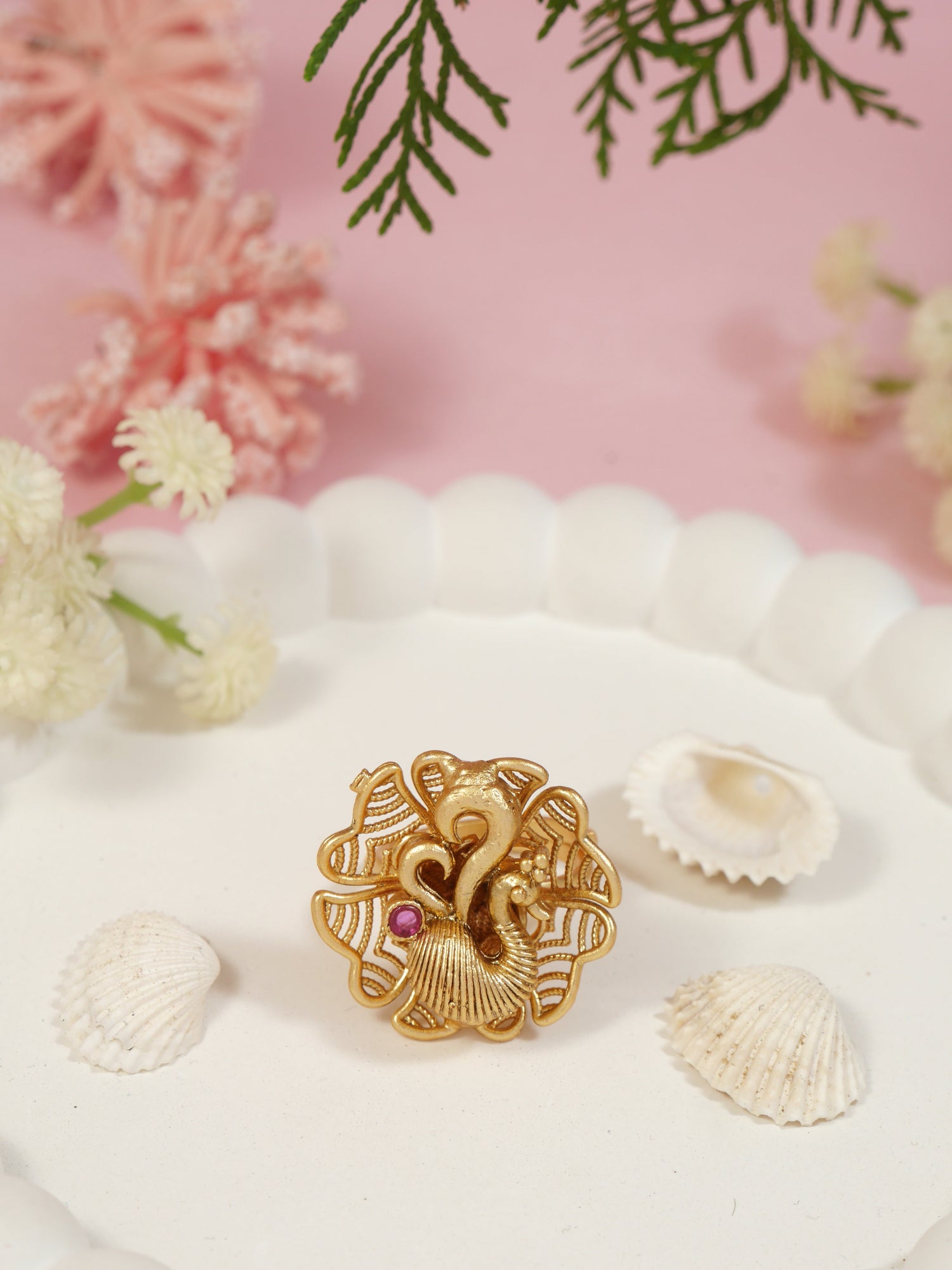 Etnico Gold Plated Traditional Peacock Design Comfort Fit Finger Ring for Women (FL269)