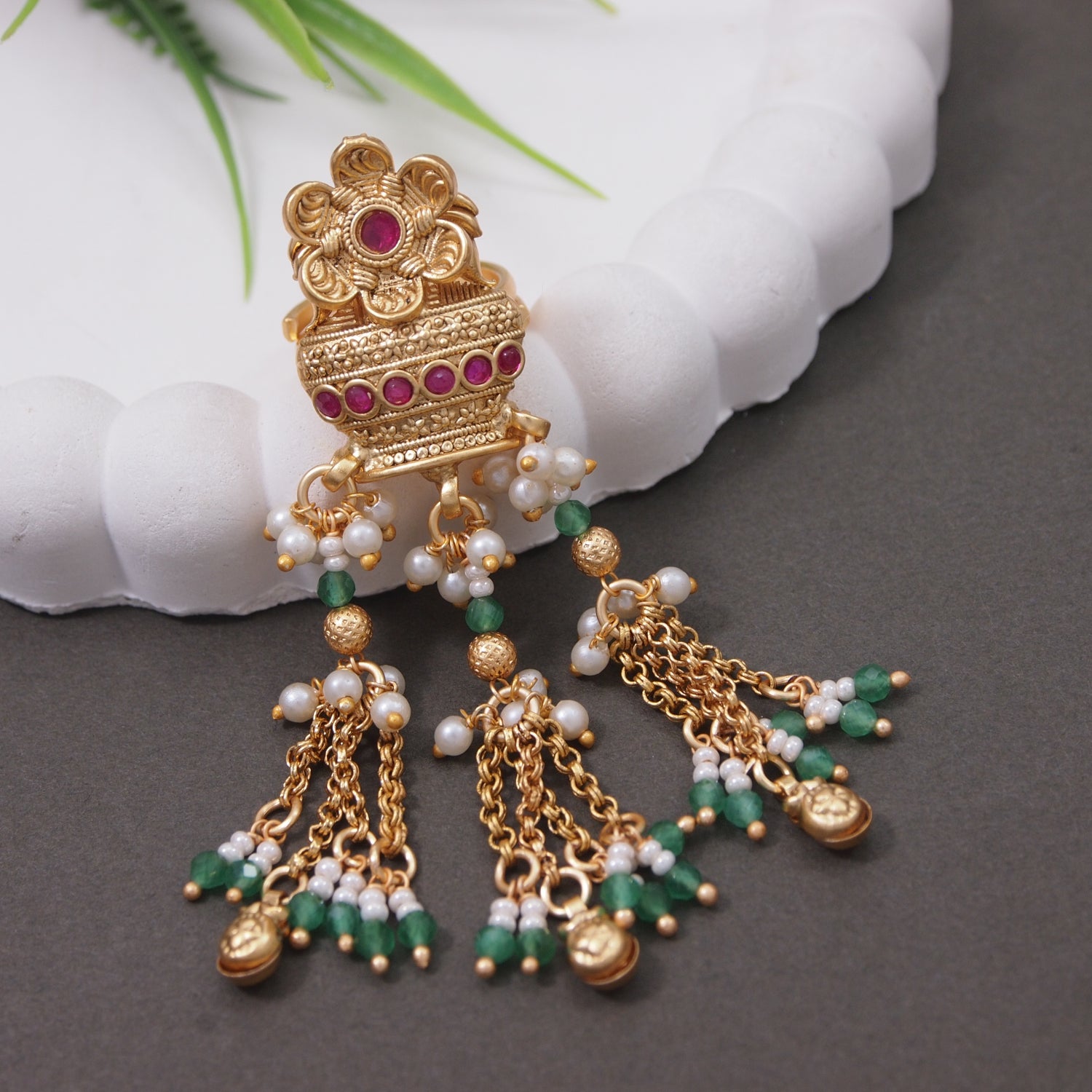 Etnico Rajwadi Plated Brass Adjustable Finger Ring with Pearl Beads & Latkan Chain for Women (Style 5)