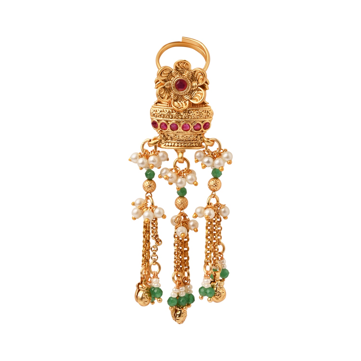 Etnico Rajwadi Plated Brass Adjustable Finger Ring with Pearl Beads & Latkan Chain for Women (Style 5)