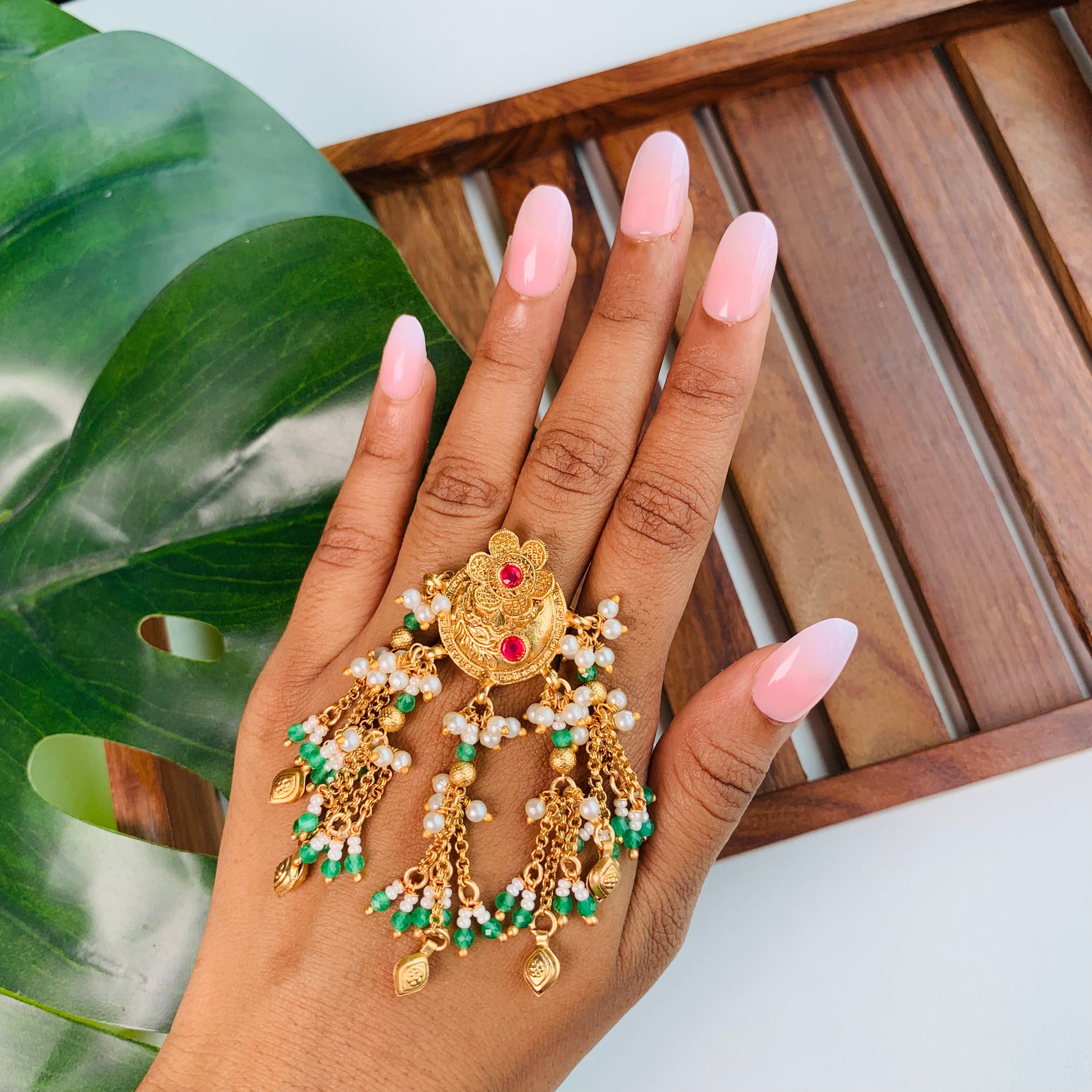 Etnico Rajwadi Plated Brass Adjustable Finger Ring with Pearl Beads & Latkan Chain for Women (Style 3)