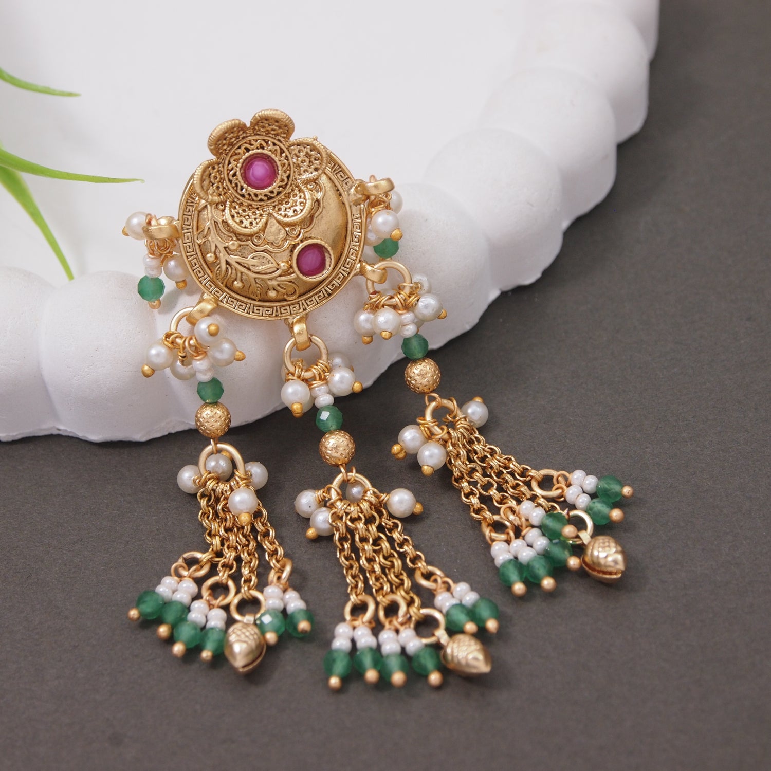 Etnico Rajwadi Plated Brass Adjustable Finger Ring with Pearl Beads & Latkan Chain for Women (Style 3)
