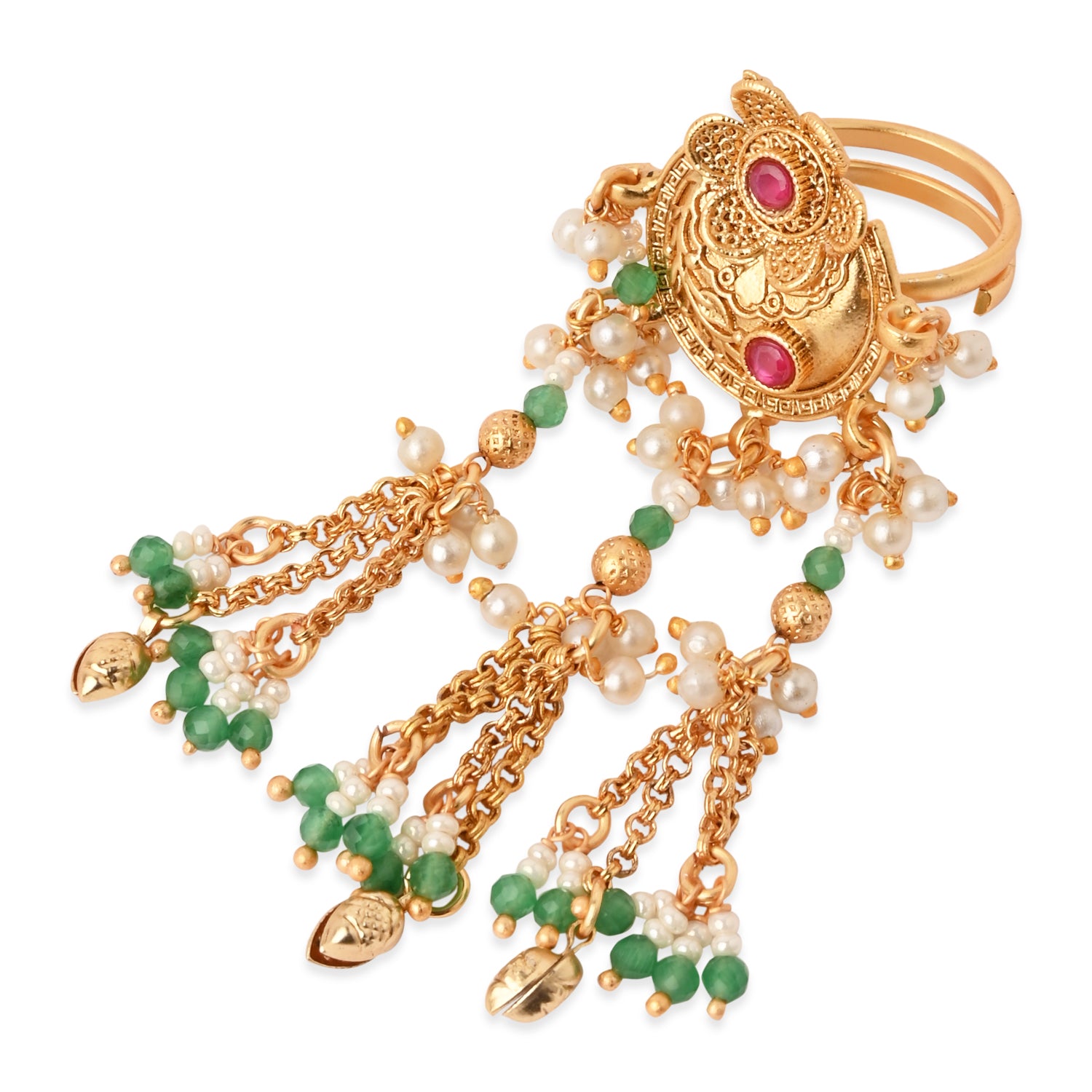Etnico Rajwadi Plated Brass Adjustable Finger Ring with Pearl Beads & Latkan Chain for Women (Style 3)