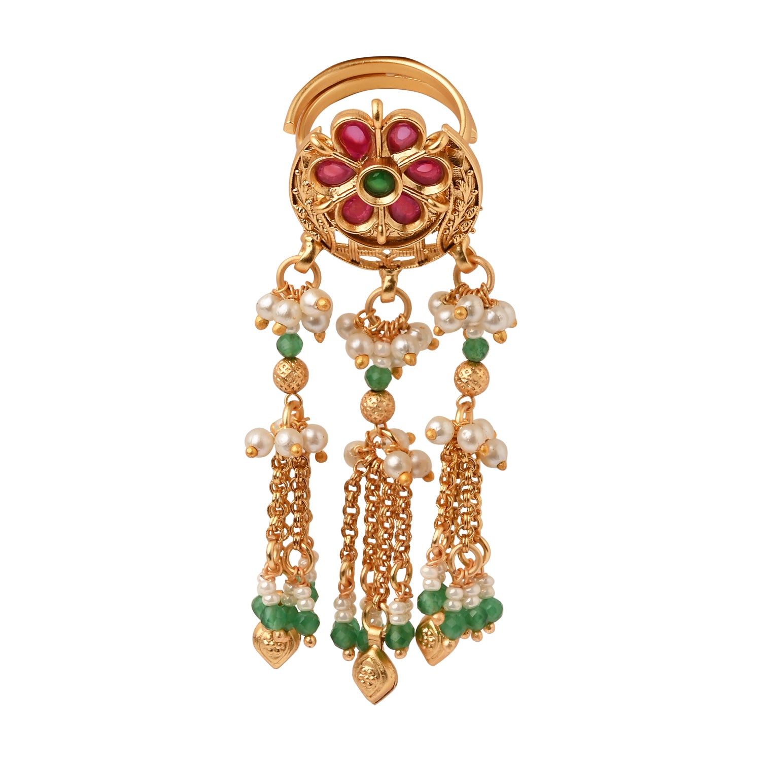 Etnico Rajwadi Plated Brass Adjustable Finger Ring with Pearl Beads & Latkan Chain for Women (Style 2)