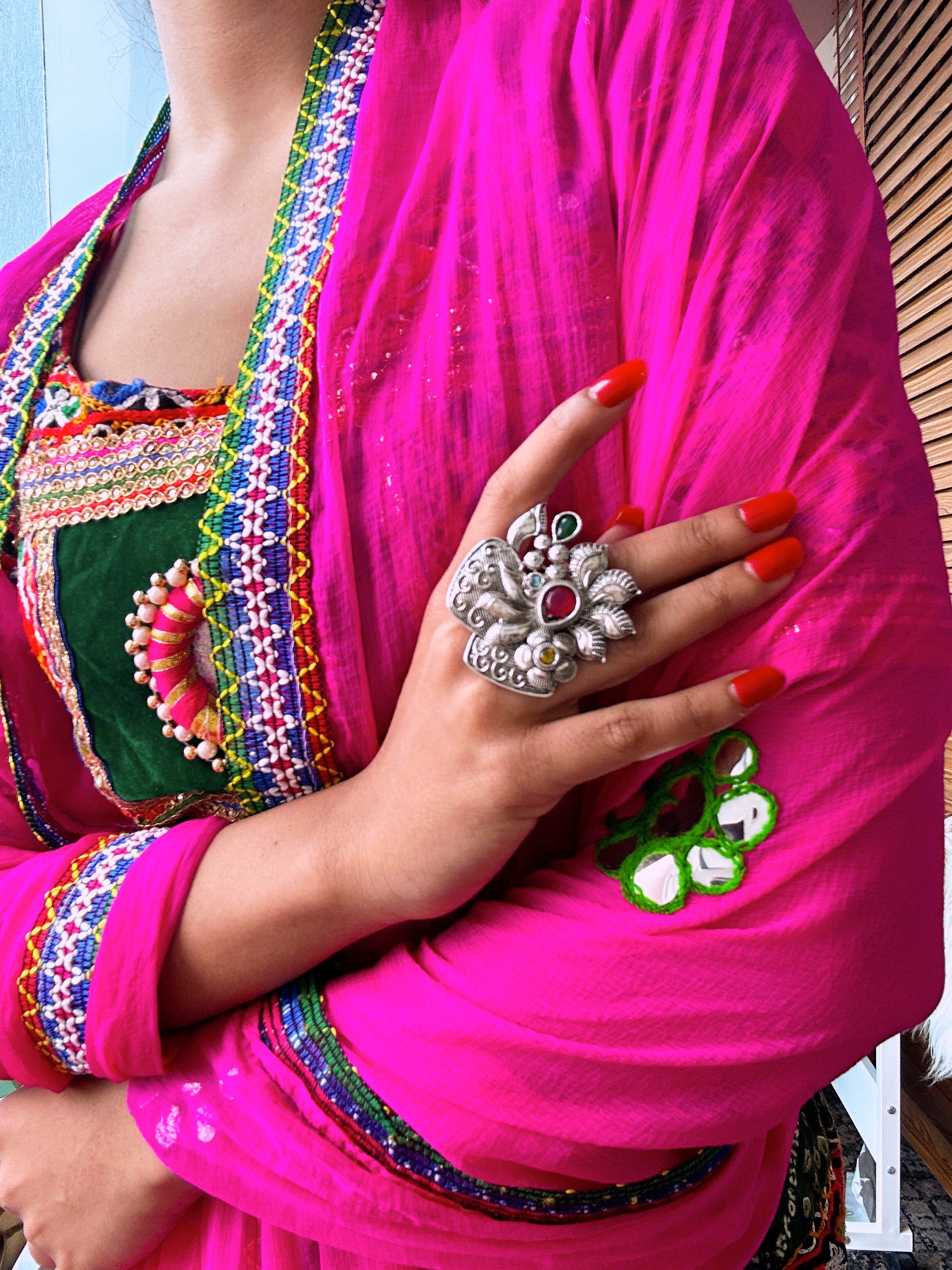 Etnico Oxidised Adjustable Floral Leaf Design Ring with Multicolour Stones (FL278OX)