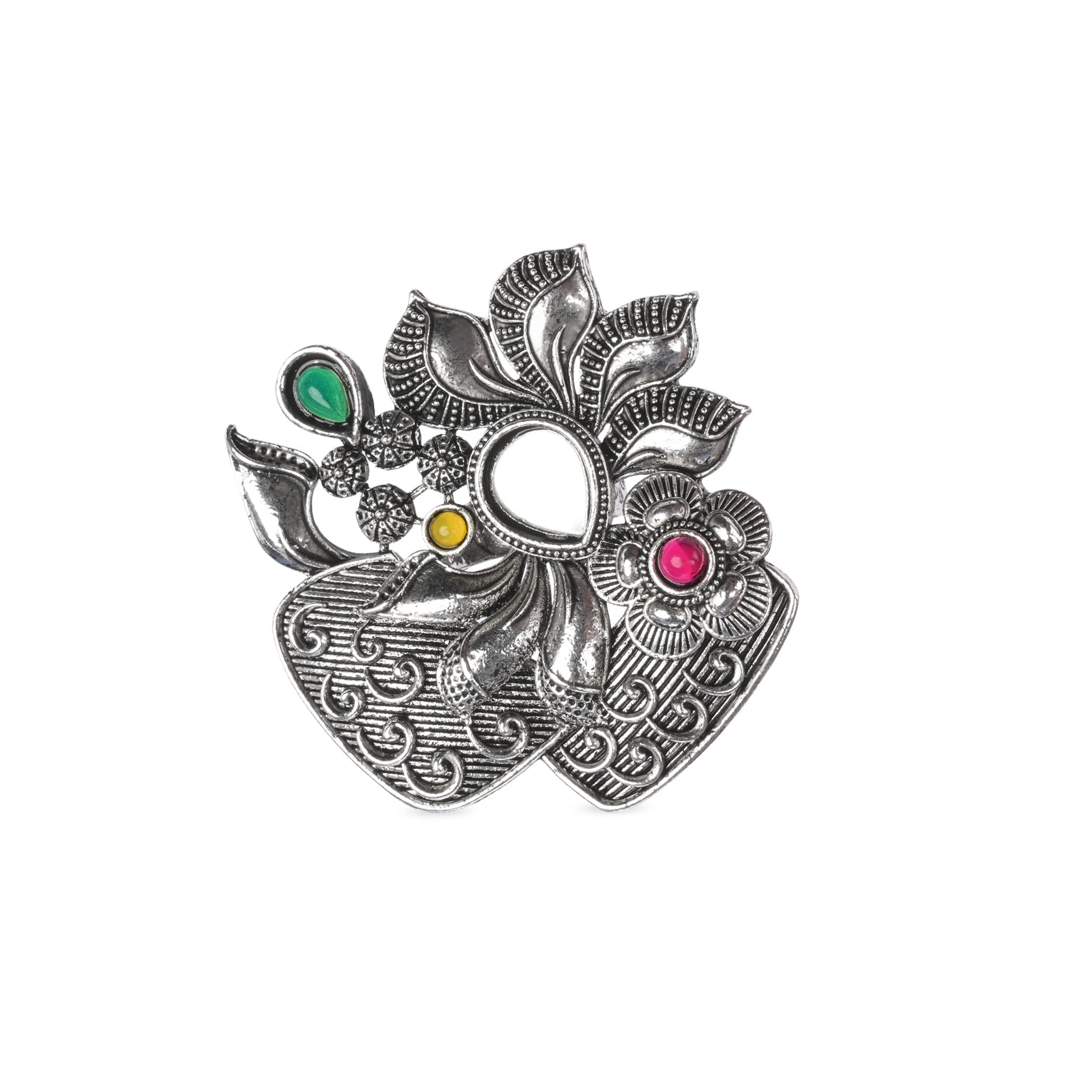 Etnico Oxidised Adjustable Floral Leaf Design Ring with Multicolour Stones (FL278OX)