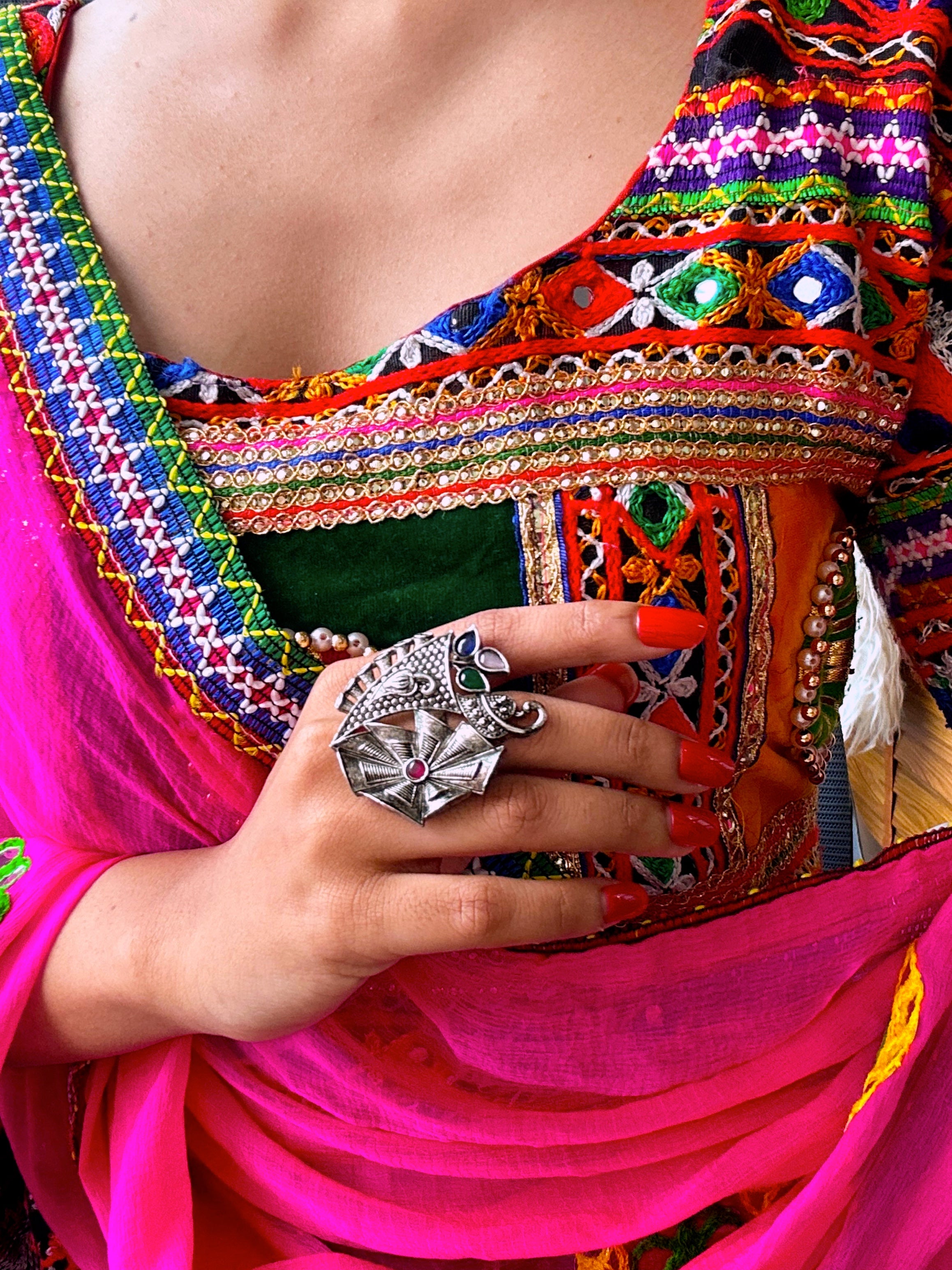 Etnico Oxidised Adjustable Floral Motif Ring with Multicolour Stones (FL279OX)
