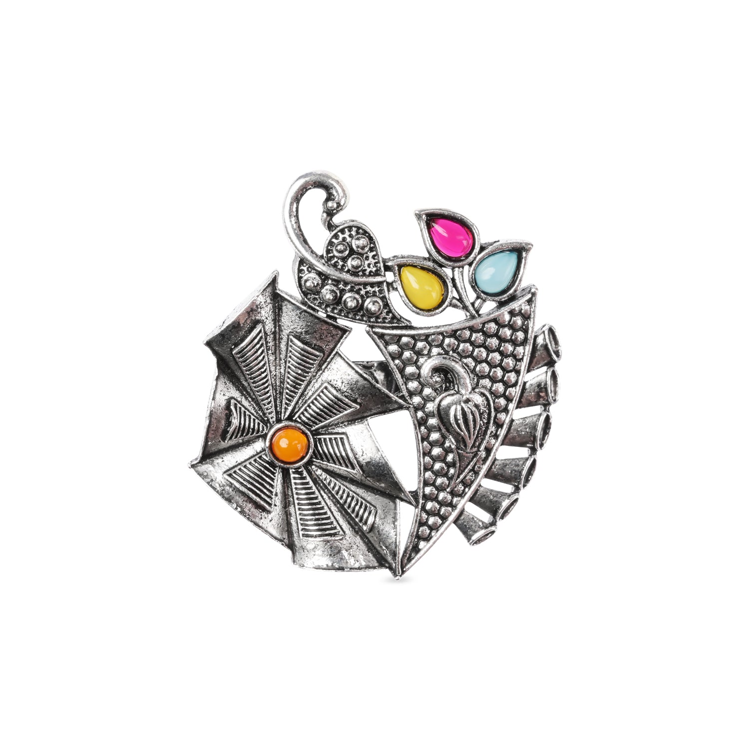 Etnico Oxidised Adjustable Floral Motif Ring with Multicolour Stones (FL279OX)