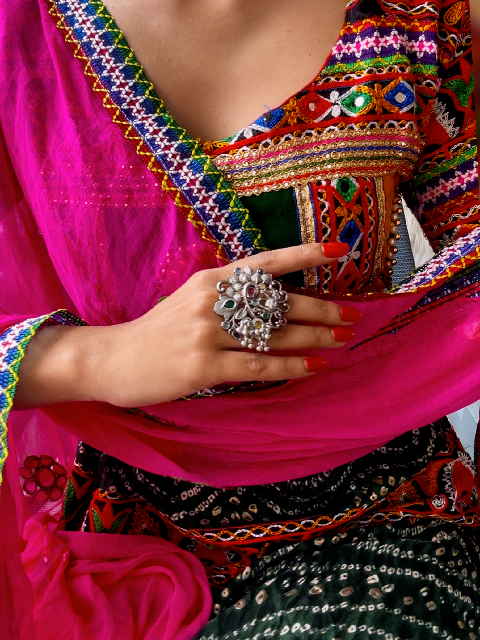 Etnico Oxidised Adjustable Elephant Design Ring with Multicolour Stones (FL280OX)