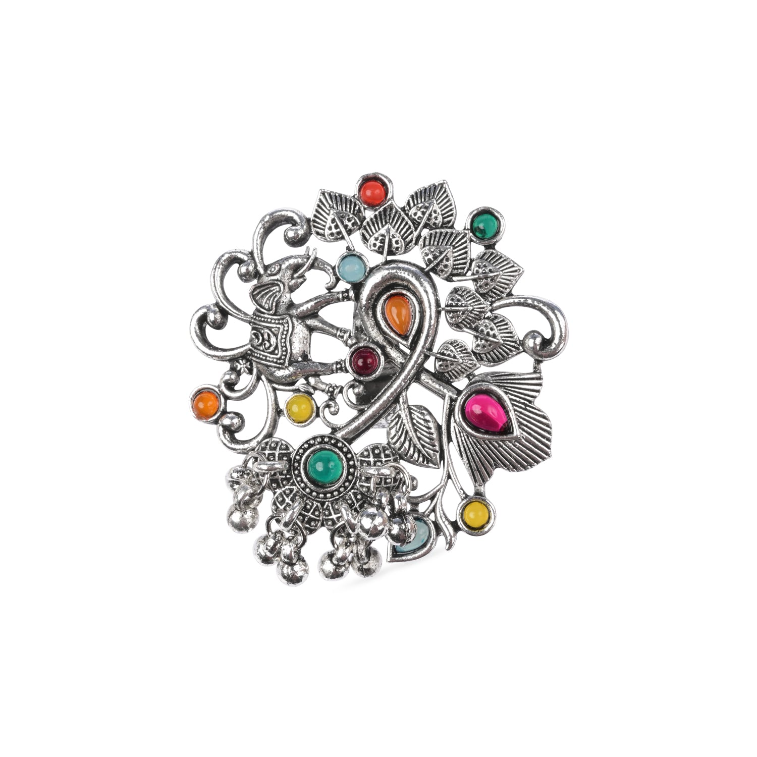 Etnico Oxidised Adjustable Elephant Design Ring with Multicolour Stones (FL280OX)