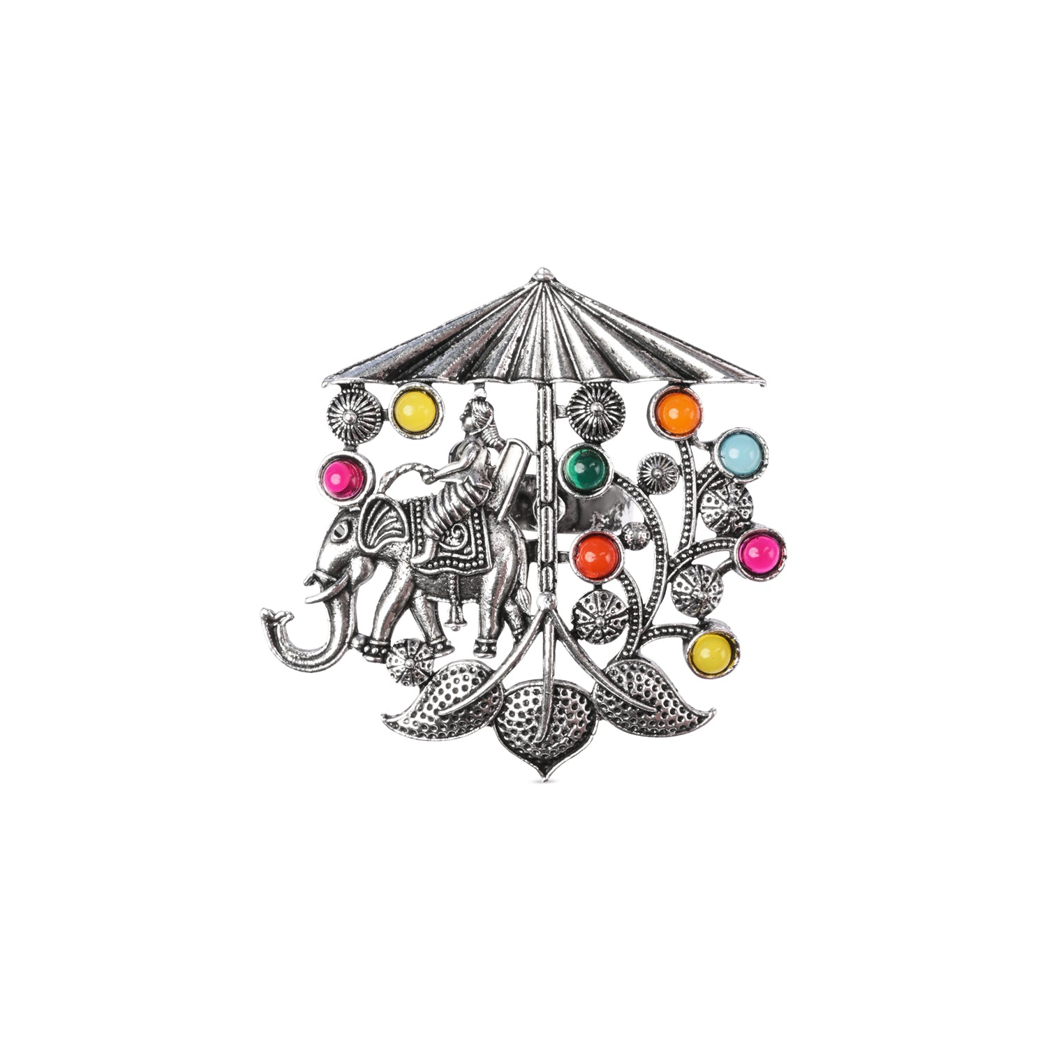 Etnico Oxidised Adjustable Elephant Rider Design Ring with Multicolour Stones (FL281OX)