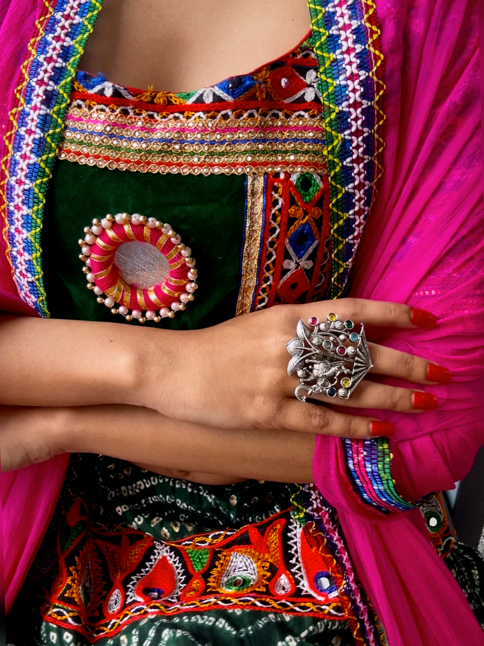 Etnico Oxidised Adjustable Elephant Rider Design Ring with Multicolour Stones (FL281OX)