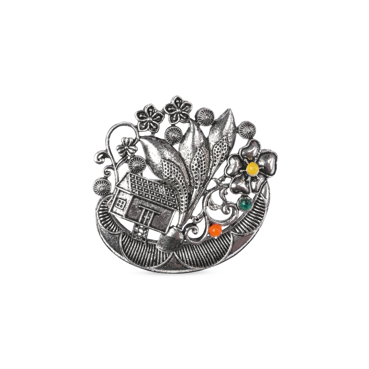 Etnico Oxidised Adjustable Floral Design Ring with Multicolour Stones (FL282OX)