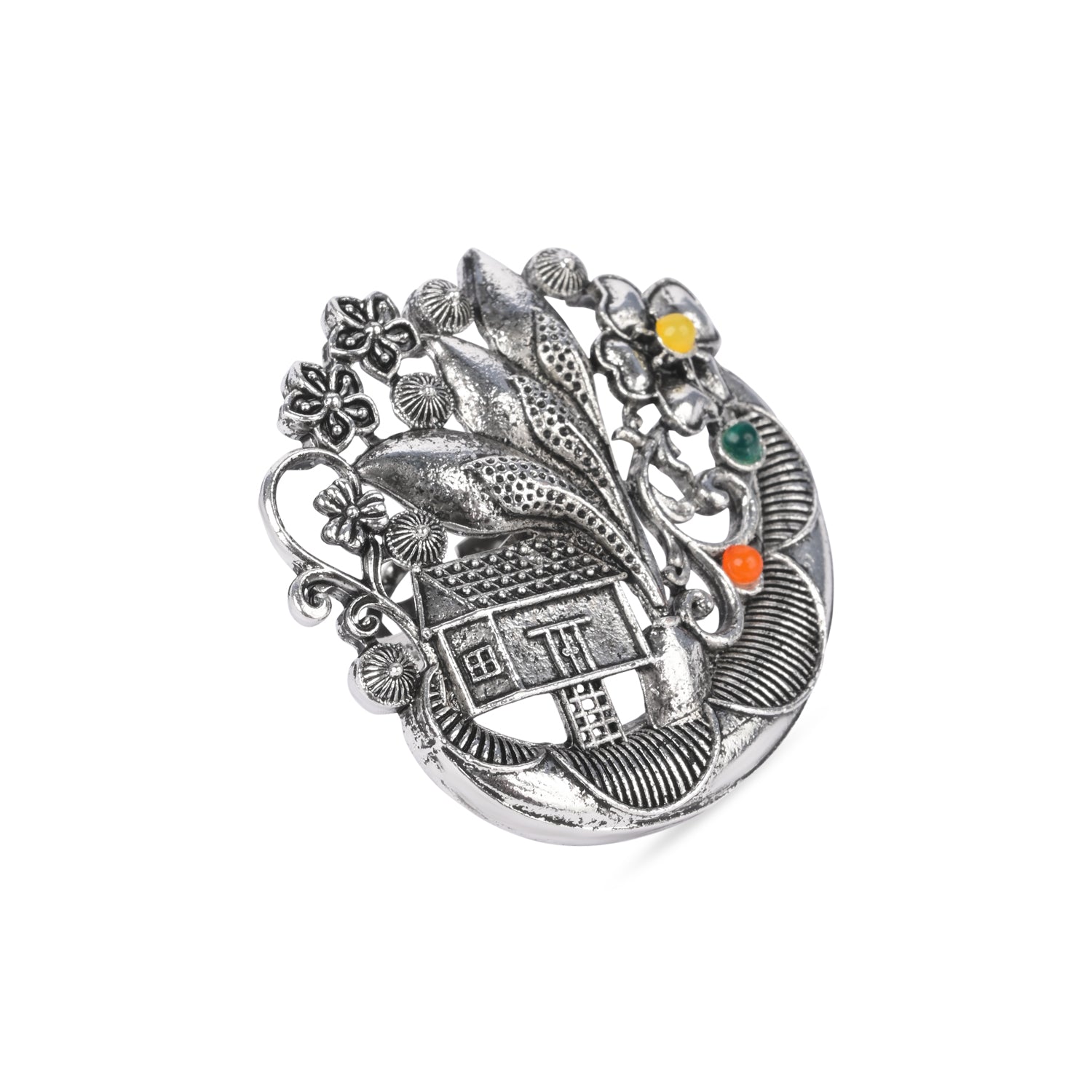 Etnico Oxidised Adjustable Floral Design Ring with Multicolour Stones (FL282OX)