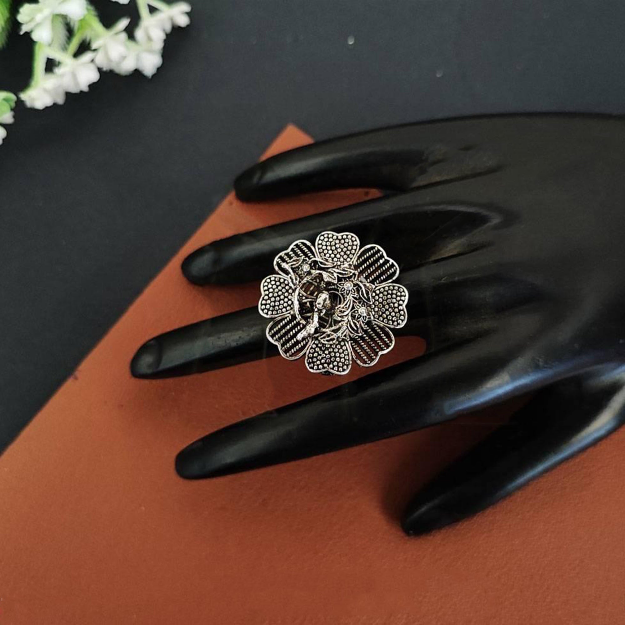 Js Fashion Vintage Style Oxidised Floral Statement Ring