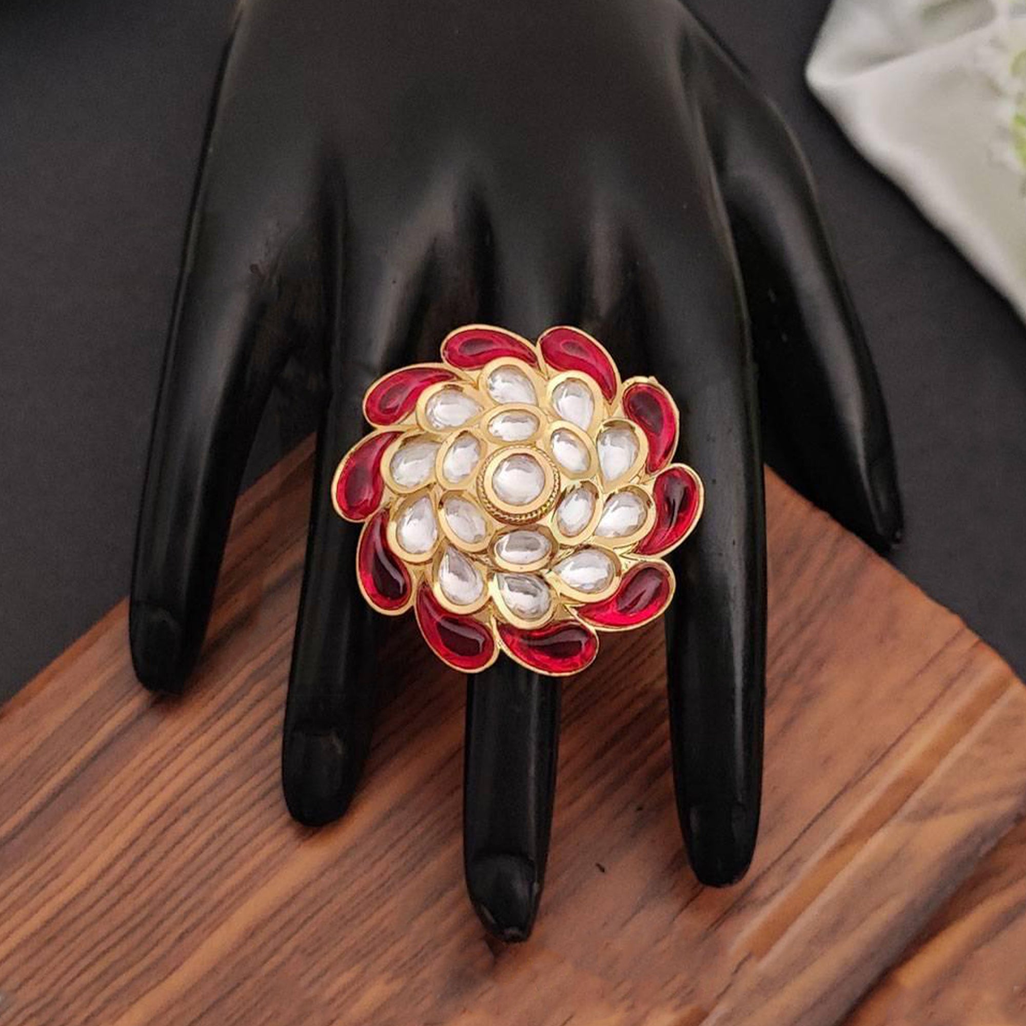 Js Fashion Heritage High Gold Kundan Stone Ring