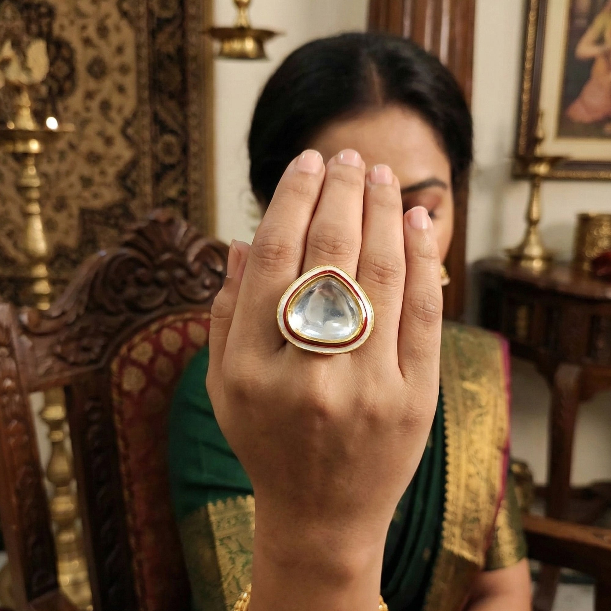 Js Fashion Heritage High Gold Kundan Stone And Meenakari Ring