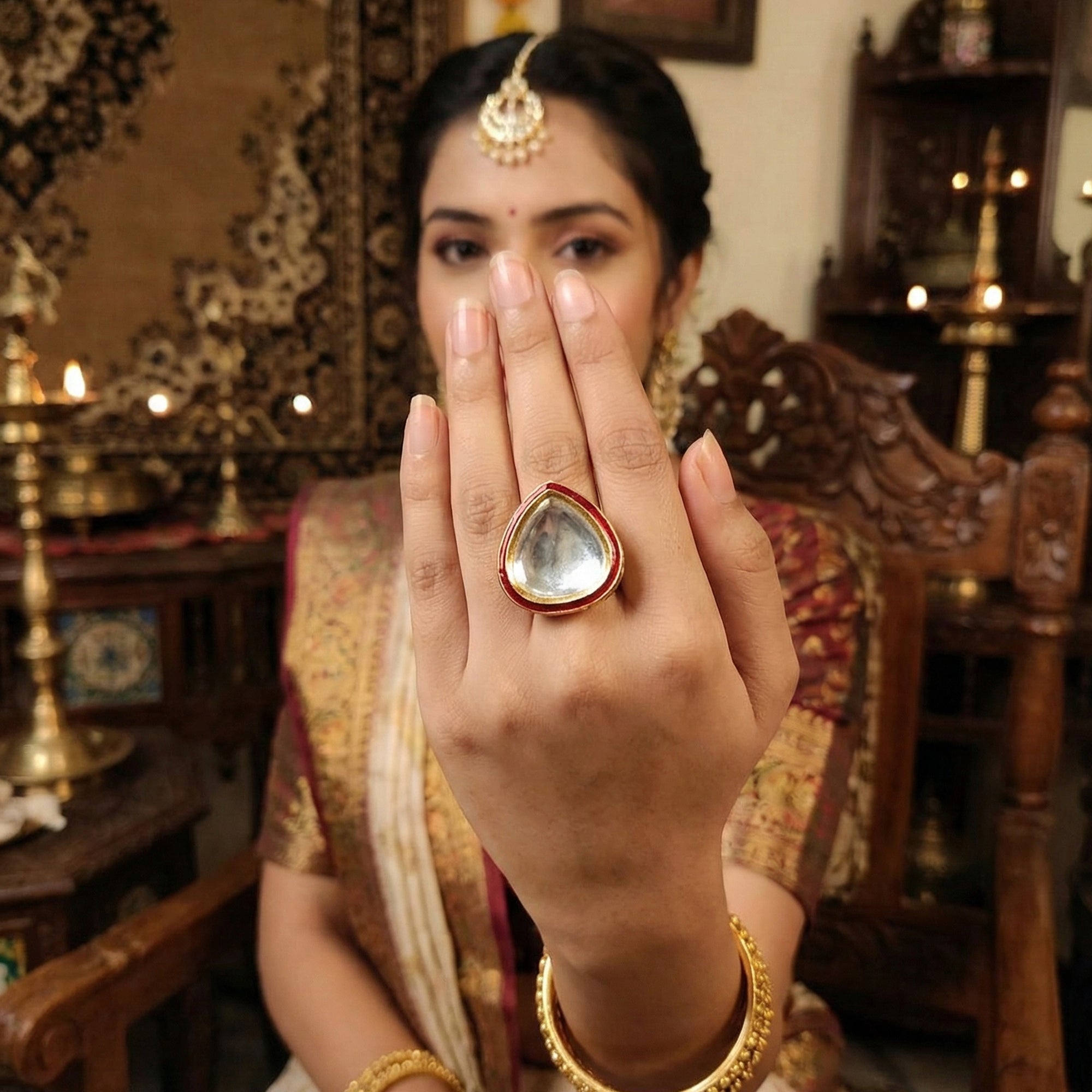 Js Fashion Heritage High Gold Kundan Stone And Meenakari Ring