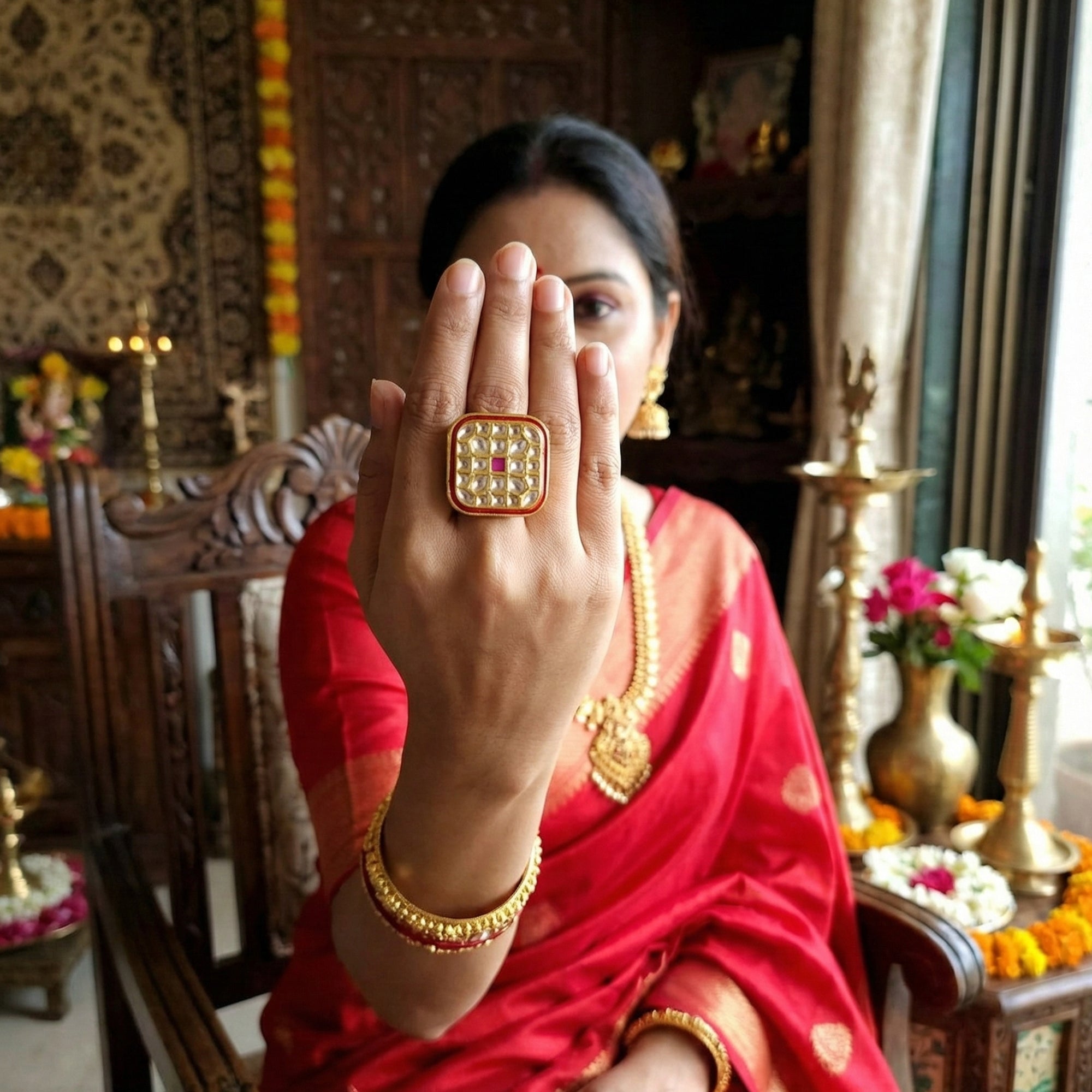 Js Fashion High Gold Royal Kundan And Pota Stone Designer Ring