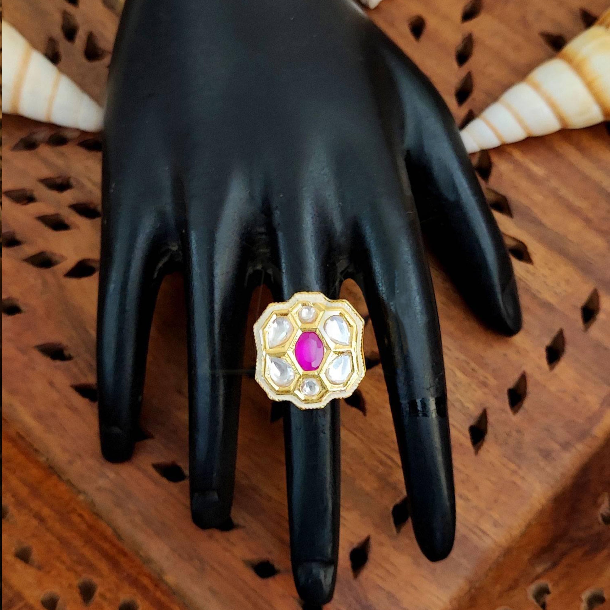 Js Fashion Heritage High Gold Kundan Stone And Meenakari Ring